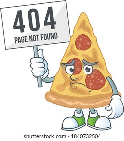 gloomy face of slice of pizza cartoon character with 404 boards. Vector illustration