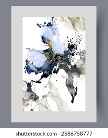 Gloomy flower with splashes flying in different directions and abstract spots, on watercolor poster. Artwork with exploding lily flower, on theme of biodiversity in nature and ecology. Wall art, print