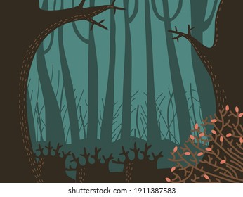 Gloomy forest in the fog, the trees withered.Spooky forest with tree and bush.Mysterious forest theme for game. Spooky night background. Dark forest with bare trees silhouettes and dark blue sky.
