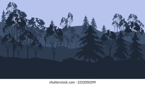 Gloomy forest, with transitions of shades of blue from dark to light. Vector illustration for the design of web pages about nature