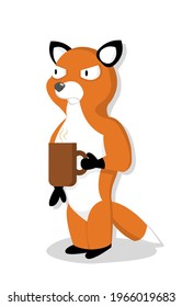 A gloomy fox with evil eyes holds a cup of coffee in his hand. Vector illustration. Bad morning concept
