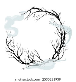 Gloomy frame for Halloween decoration. Hand drawn vector illustration. Decor on a white background.  Thorny thorn branches and ghostly clouds. Graphic element.