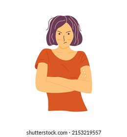 Gloomy girl is angry and crossed her arms over her chest. Colorful vector isolated illustration hand drawn. Outraged facial expression, feeling of aggression