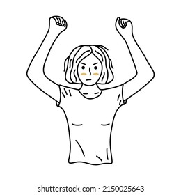 Gloomy girl is angry and raised her fists up. Black and white vector isolated illustration hand drawn. Outraged facial expression, feeling of aggression. Protest