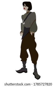 gloomy girl with a bob haircut in black pants and a sweater