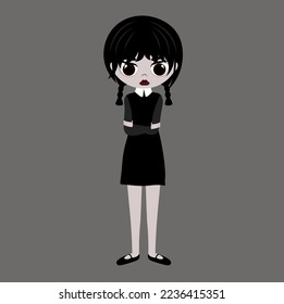 Gloomy girl Wednesday. Cute goth teenager in a black dress