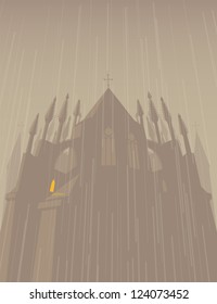 Gloomy gothic cathedral at night