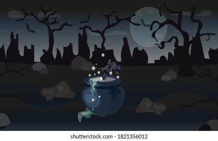 
Gloomy, gray Halloween background.
Blue cauldron of tricky treat.
Rocks, trees and the moon in the backdrop.
Vector.