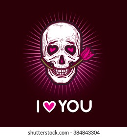 Gloomy and grim black and pink illustration card love confession with funny skull in love and inscription I love you.
