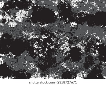 Gloomy grunge texture. Abstract monochrome splattered background. Distressed emotion pattern. Overlay rough stain dark messy dust template. Noise and gain manga screentone effect. 