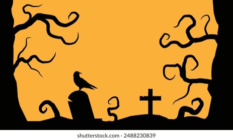 Gloomy Halloween Atmosphere with Raven in Abandoned Graveyard. National autumn time holiday concept vector art