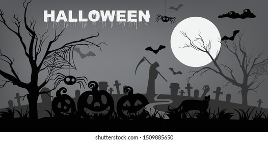 Gloomy halloween with cemetery, Grim Reaper death, pumpkins, spiders and trees. Holiday background vector