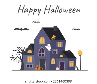 Gloomy Halloween house with bat, pumpkins and ghost. Halloween concept. Halloween background.