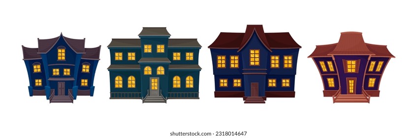 Gloomy Halloween Houses with Scary Shiny Yellow Windows Vector Set