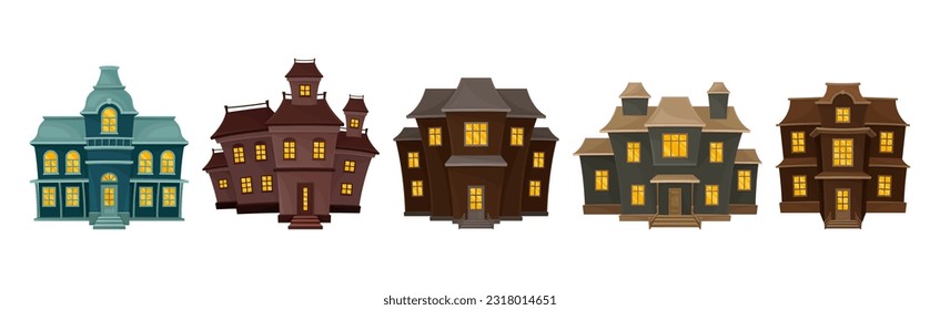 Gloomy Halloween Houses with Scary Shiny Yellow Windows Vector Set