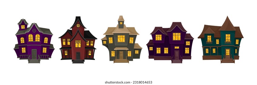 Gloomy Halloween Houses with Scary Shiny Yellow Windows Vector Set