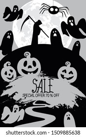 Gloomy halloween special offer sale with cemetery, Grim Reaper death, pumpkins, spiders and trees. Holiday background vector