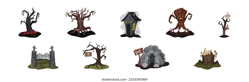 Gloomy Halloween Tree, House and Cave Vector Set