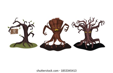 Gloomy Halloween Trees with Stunted Branches Vector Set