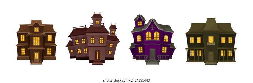 Gloomy Houses with Shiny Yellow Windows Vector Set