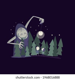 Gloomy illustration of a magic forest. People got lost in the forest. Trap. A monster in the dark. Vector illustration hand drawn for design or textile print