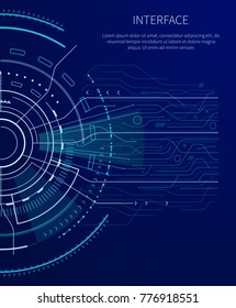 Gloomy interface with lot of geometric shapes vector illustration with bright rectangles lines squares polygons and text sample isolated on dark blue