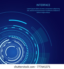 Gloomy interface with lot of geometric shapes vector illustration with bright rectangles lines squares polygons and text sample isolated on dark blue