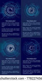 Gloomy interface with lot of geometric shapes vector illustration with bright rectangles lines squares polygons and text sample isolated on dark blue