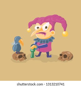 a gloomy jester with a cane and two skulls. vector illustration