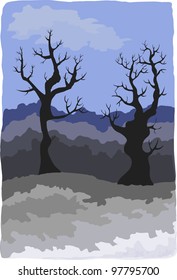 Gloomy landscape with fanciful trees. Eps 10