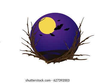 Gloomy landscape in purple and blue colors with a full moon and black silhouettes of bats in a frame of branches without leaves. Halloween. Vector illustration, can be used in brochures, postcards.