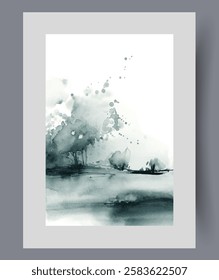 Gloomy landscape with river and trees growing on shore, after arrival of cloudy weather and cyclone. Landscape with lake made of monochrome watercolors to decorate interior of apartment. Poster, print
