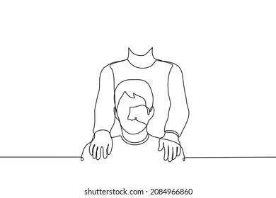 Gloomy Man Sits On His Shoulders Put Hands Of Man Standing Behind His Back - One Line Drawing Vector. Concept Of Unwanted Interference, Sexual Harassment, Touching For Non Tactile Person