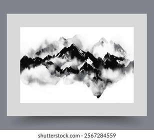 Gloomy mountains and rocks with winter fog near sharp peaks, on monochrome poster. Alpine mountains for lovers of ski resorts and active recreation in northern regions with cold climates