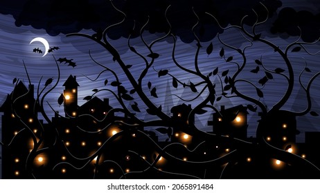 Gloomy mystical night wallpaper.Trees on the background of silhouettes of houses, sky, with clouds and the moon.For your projects. Vector. 