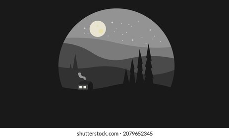 Gloomy night landscape with a lonely village house. Vector illustration.