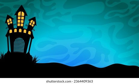 Gloomy ominous Halloween landscape. Spooky castle, dead trees, full moon. Halloween party card template.
