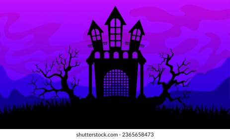 Gloomy ominous Halloween landscape. Spooky castle, dead trees, full moon. Halloween party card template.