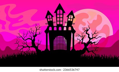 Gloomy ominous Halloween landscape. Spooky castle, dead trees, full moon. Halloween party card template.