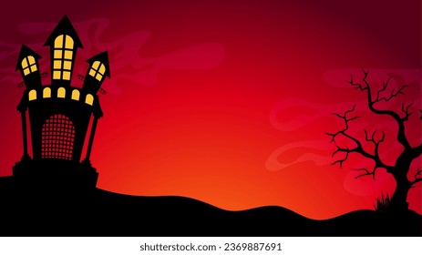 Gloomy ominous Halloween landscape. Spooky castle, dead trees, full moon. Halloween party card template.