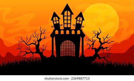Gloomy ominous Halloween landscape. Spooky castle, dead trees, full moon. Halloween party card template.