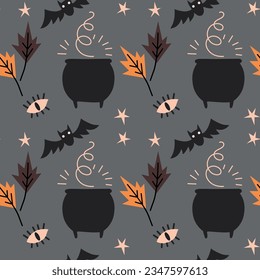 gloomy pattern for halloween. vector pattern: eyes, cauldron with a potion, bats, stars and autumn leaves on a gray background.