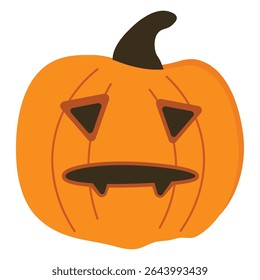 Gloomy and sad cartoon pumpkin illustration with downcast expression. Halloween-themed vector design isolated on white background, perfect for emotional, spooky or moody autumn projects.