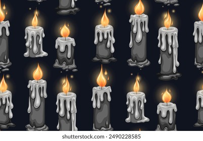 Gloomy vector pattern with black candles on a dark background. Mystical texture with wax candles for wrapping paper. Halloween background