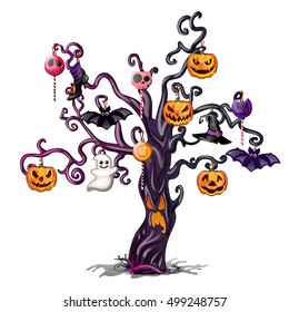 Gloomy wood with a shining face adorned with attributes of the holiday of evil spirit Halloween. Sketch for greeting card, festive poster or party invitations. Vector.