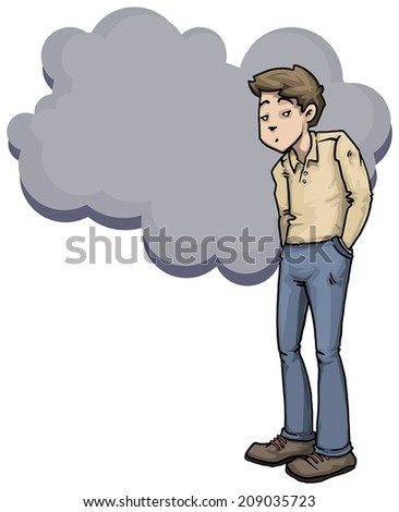 Gloomy young man with speech / though bubble, cartoon character, vector illustration