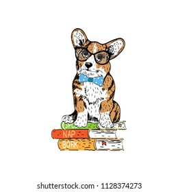 Glorious dog Corgi in glasses sits on books.