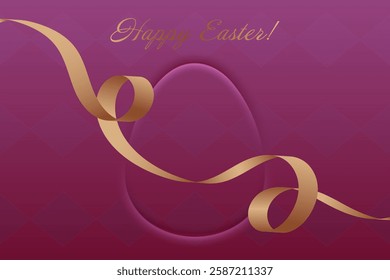 Glorious Easter. Festive Easter card, golden ribbon, bright purple tones, religious holiday, resurrection, faith, divine blessings, spiritual renewal, church service, peace.