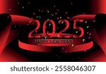 Glorious New Year 2025 Celebration with Shiny Red Numbers and Confetti