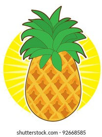 A glorious pineapple with a green top, sits on a sunburst background.